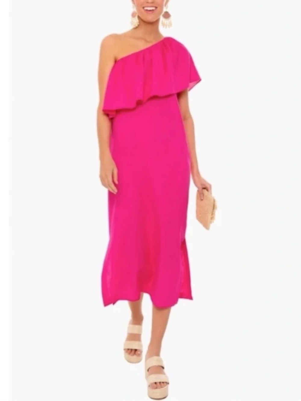 Pomander Place Florencia One Shoulder Dress Pink Ruffle Linen Blend Small